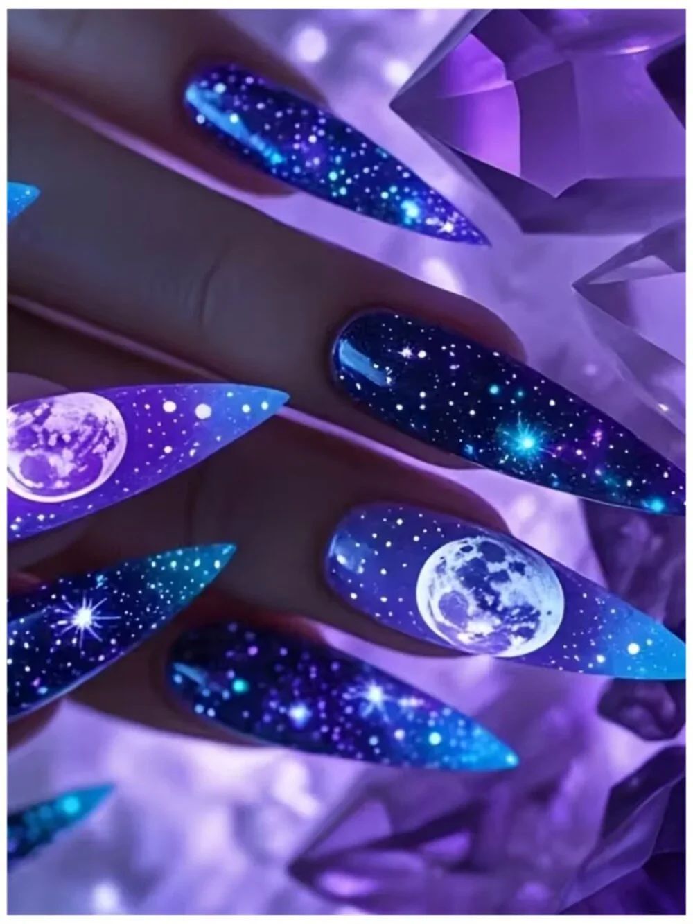 NWT Galaxy Celestial Press-On Nails Purple Blue Stiletto Long Moon Stars Cosmic